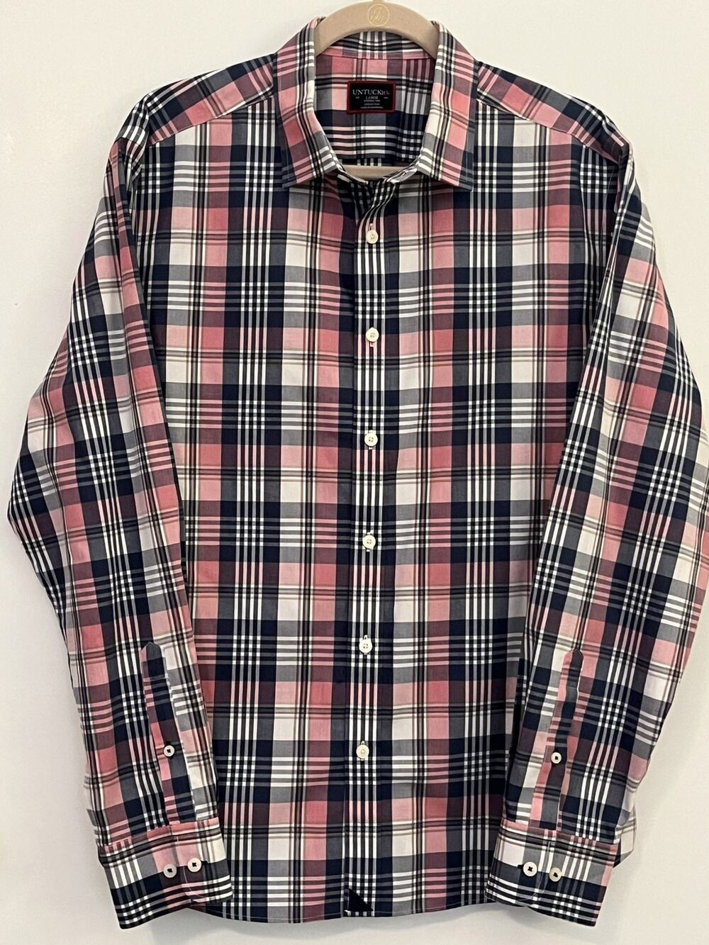 UNTUCKit Yarden Men’s Large Blue Pink Plaid Cotton Button Up Shirt